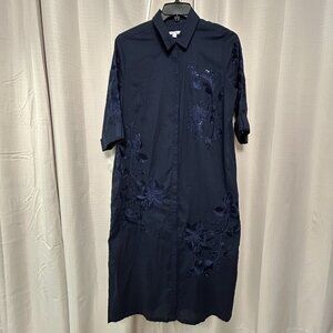 Chico's Embroidered Shirt Dress Women's Size 1.5 / 10 Navy Blue Roll Tab Sleeve